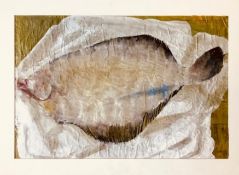 JIM MANLEY- 'PLAICE ON A WHITE BAG', MIXED MEDIA, SIGNED TO LEFT, APPROXIMATELY 36 x 53cm