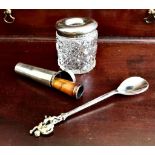 SILVER AND GILT SPOON, SILVER CIGARETTE HOLDER AND CASE PLUS SILVER PIN JAR, SILVER WEIGHT
