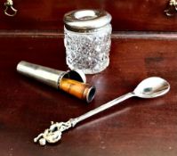 SILVER AND GILT SPOON, SILVER CIGARETTE HOLDER AND CASE PLUS SILVER PIN JAR, SILVER WEIGHT