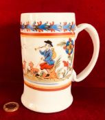 BOHEMIAN MILK GLASS TANKARD PAINTED WITH PASTORAL SCENE AND SPRAYS AND BORDER OF FLOWERS,