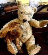 OLD PLUSH TEDDY BEAR AND LONG-HAIRED SPANIEL DOG, TEDDY APPROXIMATELY 58cm LONG
