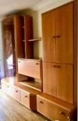 Luning, Denmark 20th century teak sectional wall unit. Approx. 220cms H x 250cms W x 63cms D.