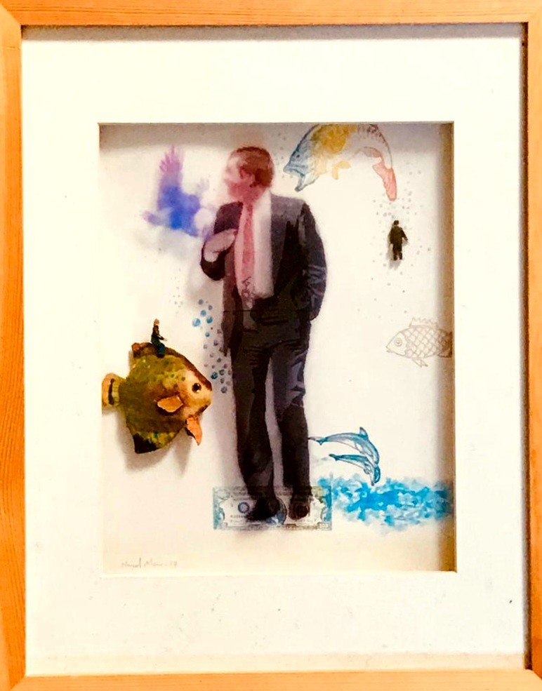 NIGEL MAYRS- THREE DIMENSIONAL FIGURES AND FISH, 1997, SIGNED AND DATED LOWER LEFT, FRAMED AND