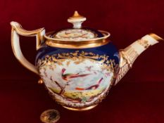 FINE EARLY SPODE TEAPOT AND COVER, PANEL EACH SIDE HANDPAINTED WITH PHEASANT WITHIN GOOD GILDED