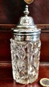 CUT GLASS SHAKER HAVING SILVER MOUNTED FINELY PERFORATED COVER, DATE LETTER DEFICIENT, VICTORIAN