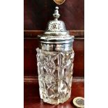 CUT GLASS SHAKER HAVING SILVER MOUNTED FINELY PERFORATED COVER, DATE LETTER DEFICIENT, VICTORIAN