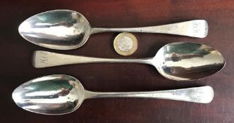 THREE EARLY 19th CENTURY SILVER SPOONS, WB, IB, GS&WF, WEIGHT APPROXIMATELY 93g
