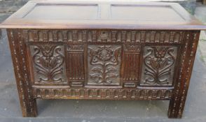 Heavily carved early 20th century oak blanket chest. Approx. 64cms H x 106cms W x 51cms D