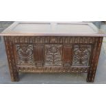 Heavily carved early 20th century oak blanket chest. Approx. 64cms H x 106cms W x 51cms D
