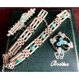 Turquoise set bracelet with two brooches, one stamped 18ct (buyer to test for gold). Total weight