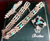 Turquoise set bracelet with two brooches, one stamped 18ct (buyer to test for gold). Total weight