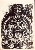 LIZ YULE(?)- 'FIGURE WITH MULTIPLE FACES', PRINTED, SIGNED TOP RIGHT, FRAMED AND GLAZED,