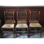 Set of six 19th century oak rush seated ladder back chairs, on stretchered supports. Approx. 94cms H