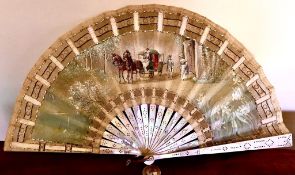 PAINTED SILK FAN WITH MOTHER OF PEARL STICKS