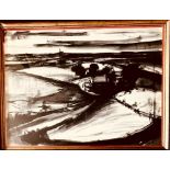 JOHN HERITAGE(?)- 'MONOCHROME LANDSCAPE', INK WASH, SIGNED LOWER MIDDLE, APPROXIMATELY 55 x 74cm