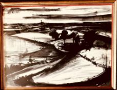 JOHN HERITAGE(?)- 'MONOCHROME LANDSCAPE', INK WASH, SIGNED LOWER MIDDLE, APPROXIMATELY 55 x 74cm