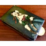 GOOD VICTORIAN PAPIER MACHE BOX WITH HINGED, HANDPAINTED COVER- 'FASHION OF THE DAY',