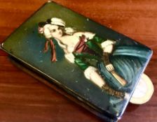 GOOD VICTORIAN PAPIER MACHE BOX WITH HINGED, HANDPAINTED COVER- 'FASHION OF THE DAY',