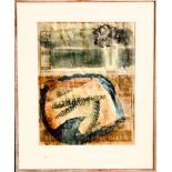 JIM MANLEY- 'MACKEREL FILLETS, BLUE BAG', MIXED MEDIA, SIGNED LOWER RIGHT, APPROXIMATELY 55 x 42cm