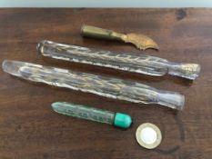 THREE GLASS PERFUME PHIALS PLUS BRASS TRENCH ART LETTER OPENER