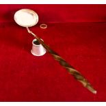 SILVER COLOURED METAL LADLE WITH WRITHEN HORN HANDLE, BOWL SET WITH QUEEN ANNE COIN, WEIGHT