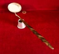 SILVER COLOURED METAL LADLE WITH WRITHEN HORN HANDLE, BOWL SET WITH QUEEN ANNE COIN, WEIGHT