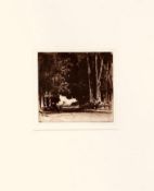 UNKNOWN, LANDSCAPE WITH TREES ETCHING, SIGNED (INDISTINCT) LOWER RIGHT, FRAMED AND GLAZED,