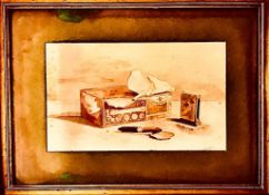 J NICHOLAS- 'STILL LIFE, CIGAR BOX', WATERCOLOUR, SIGNED LOWER RIGHT, APPROXIMATELY 19 x 31cm