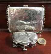 SMALL SILVER PURSE AND CHAIN, BIRMINGHAM 1915, ALSO PLATED CARD BOX/PURSE