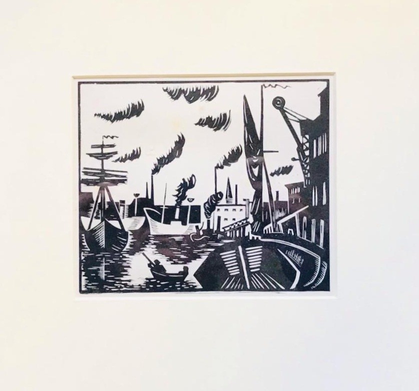 UNKNOWN, DOCK SCENE, LINOCUT PRINT, UNSIGNED, APPROXIMATELY 13 x 14cm