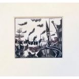 UNKNOWN, DOCK SCENE, LINOCUT PRINT, UNSIGNED, APPROXIMATELY 13 x 14cm