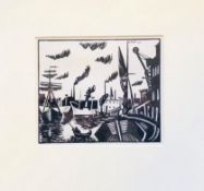 UNKNOWN, DOCK SCENE, LINOCUT PRINT, UNSIGNED, APPROXIMATELY 13 x 14cm