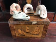 EARLY 19th CENTURY VENEERED COLLECTING MONEY BOX, ROMAN POTTERY OIL LAMP AND THREE ROMAN POTTERY