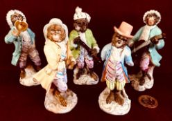 FIVE CONTINENTAL PORCELAIN FIGURES FROM 'THE MONKEY BAND', APPROXIMATELY 10cm HIGH