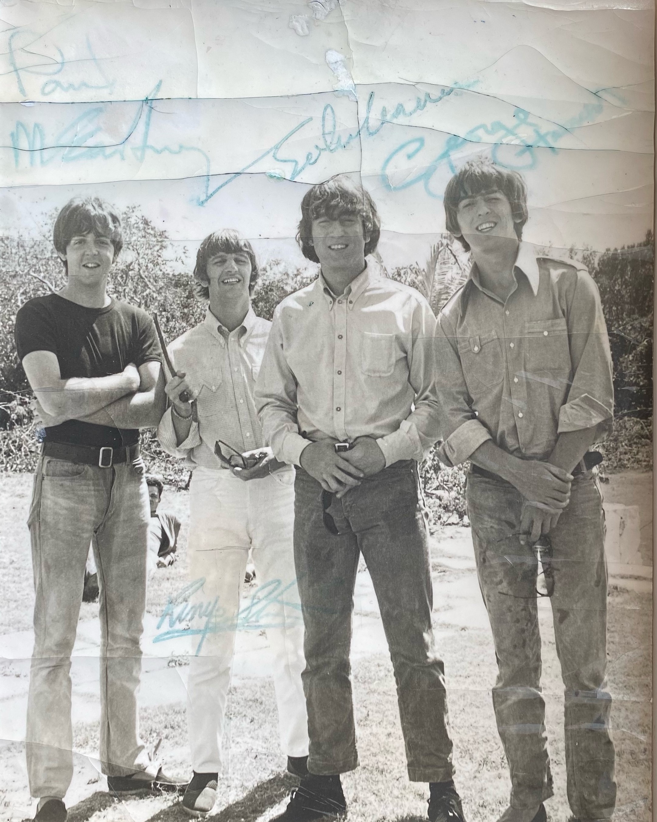 The Beatles Help Bahamas photograph fully signed, photograph has some cracking and damage and