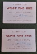 Two Cavern Club Admit One Free tickets dated 31st May 1965