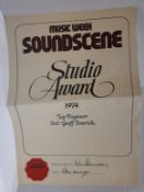 Music Week Sound Scene award 1974 to Top Engineer Geoff Emerick