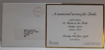 Card invitation to A memorial for Linda at St Martin in the Fields 8th June 1998 complete with