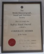 Framed membership certificate to Geoffrey Ernst Emerick for British Kinematograph, Sound and