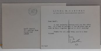 Linda McCartney Royal Photographic Society postcard to Geoff Emerick signed Linda with envelope