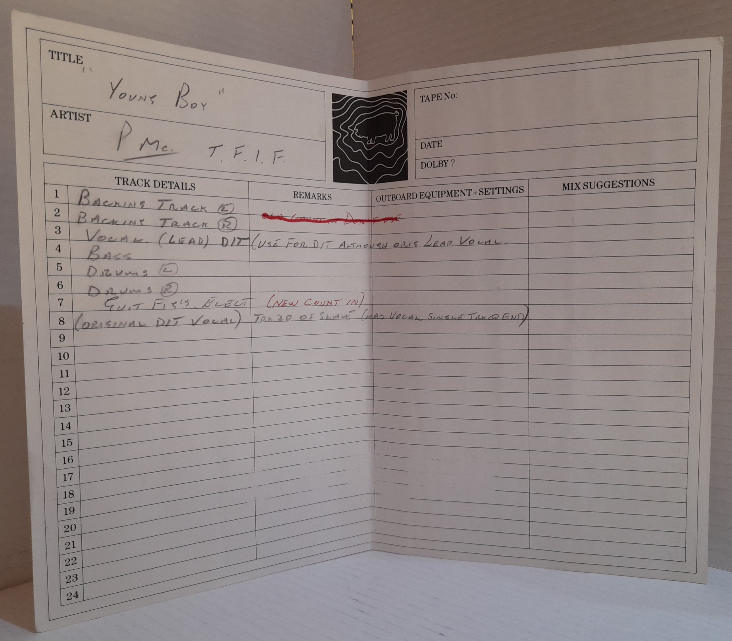 Paul McCartney?s Hog Hill Mill Recording Studio sheet for Young Boy with 8 lines of recording