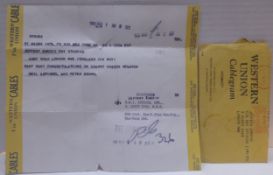 Western Union Telegram complete with mailing envelope address to Geoff Emerick (Jeffery Emric) C/o