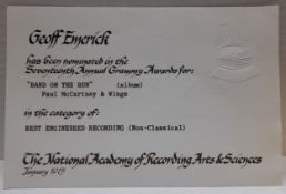 Geoff Emerick?s nomination for the seventeenth annual Grammy Awards in the category of Best