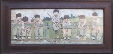 G. A. Newman oak framed colour print depicting Dutch boys fishing. App. 35 x 95cm