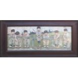 G. A. Newman oak framed colour print depicting Dutch boys fishing. App. 35 x 95cm