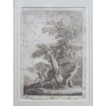 Framed monochrome engraved print depicting a gentleman climbing a tree pursued by a bull. Approx.