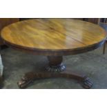 Victorian mahogany tilt top circular breakfast table, on tripod supports. Approx. 74cms H x 130cms D