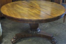 Victorian mahogany tilt top circular breakfast table, on tripod supports. Approx. 74cms H x 130cms D