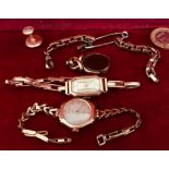 TWO 9ct GOLD WATCHES, FOB, STUD AND BROKEN GOLD CHAIN, GROSS WEIGHT APPROXIMATELY 45.2g