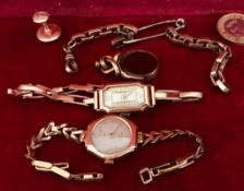 TWO 9ct GOLD WATCHES, FOB, STUD AND BROKEN GOLD CHAIN, GROSS WEIGHT APPROXIMATELY 45.2g